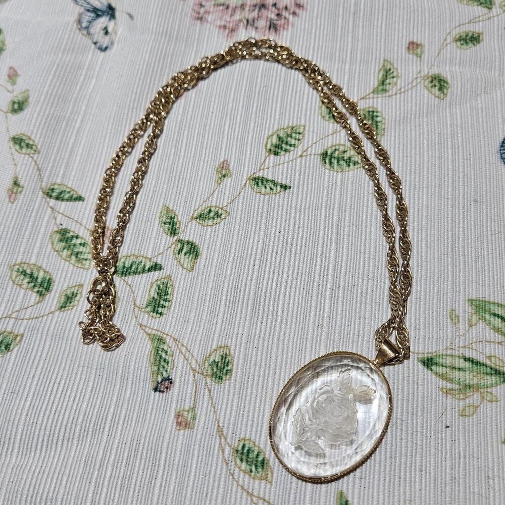 vintage cottagecore coquette clear etched rose pendant necklace
